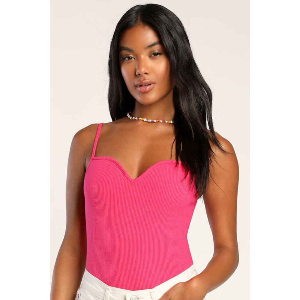 Lulus Looking Sweet Hot Pink Ribbed Sleeveless Bodysuit - Size XS
